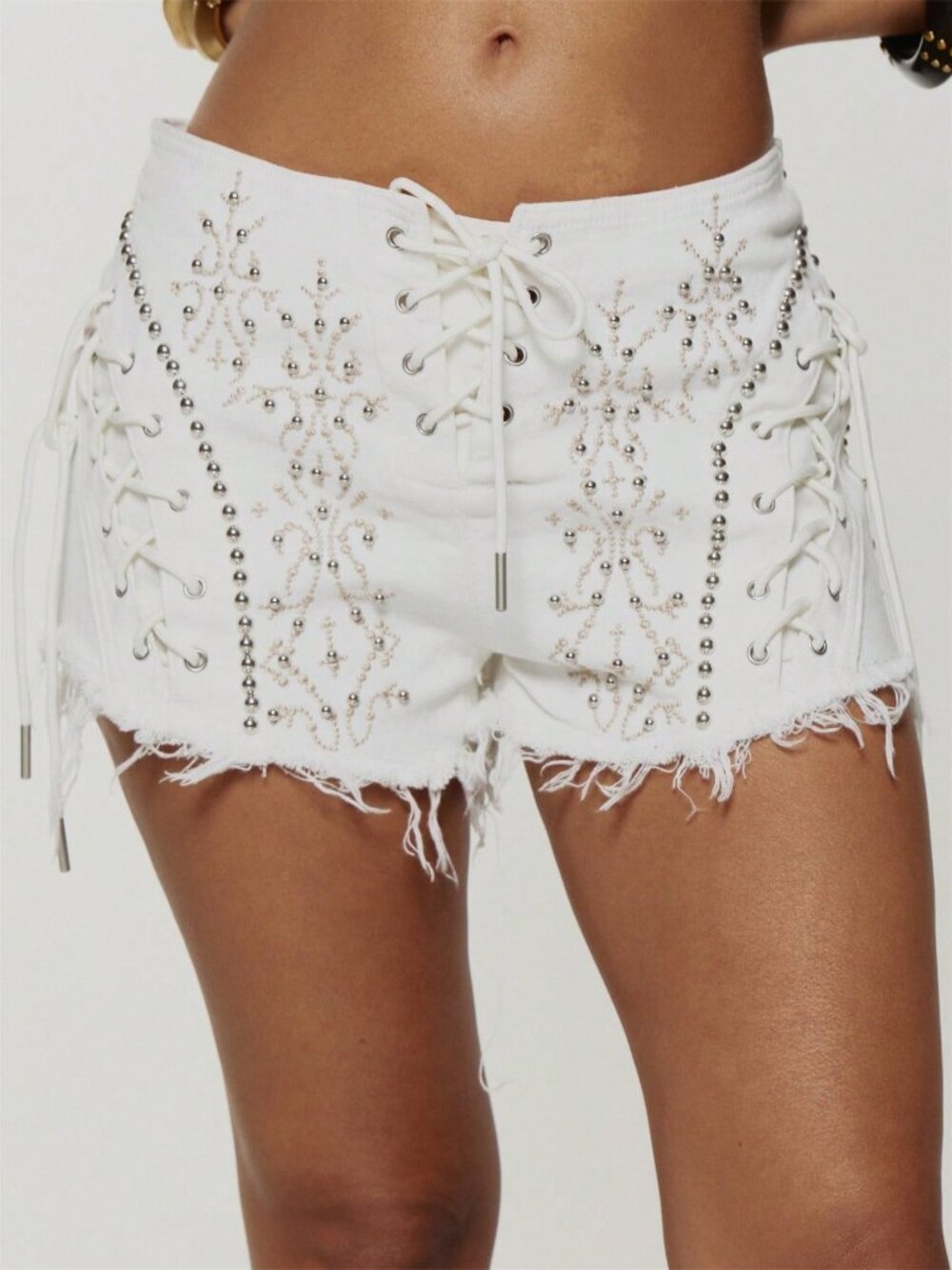 Light Wash Casual Women's Studded Bow Raw Hem Mini Shorts
